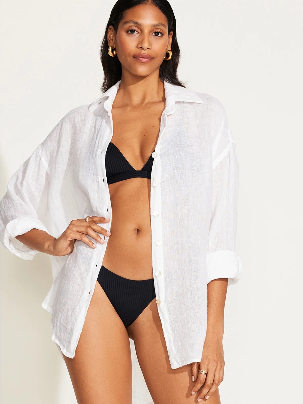 Vitamin A White 100% Linen Relaxed Button-Front Swim Coverup Small